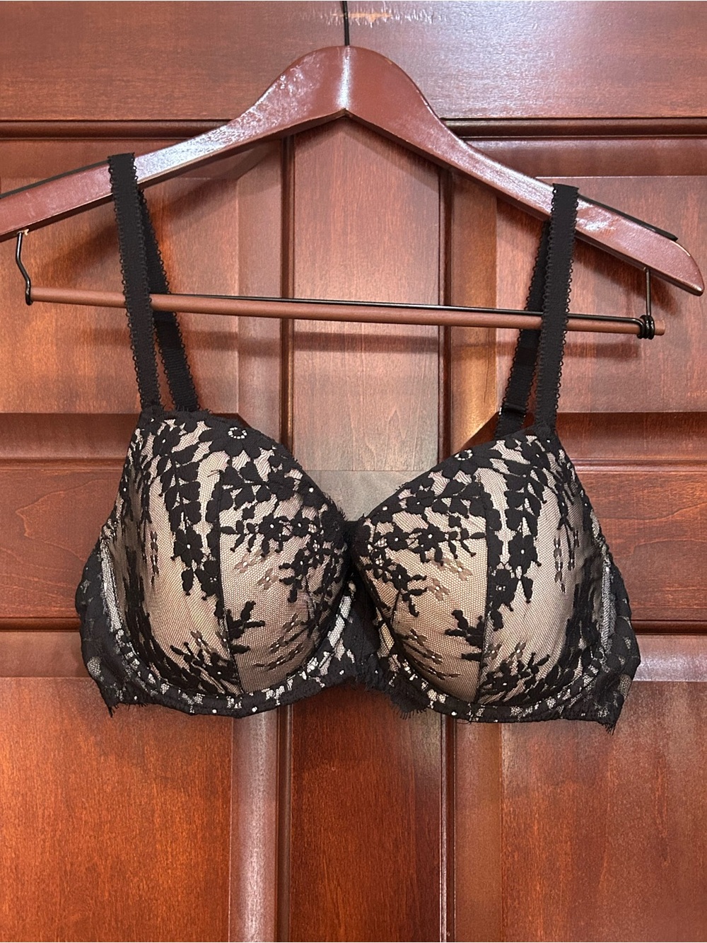 Victoria’s Secret Dream Angels Lined Demi Bustier Bra Black Lace Nude 38D